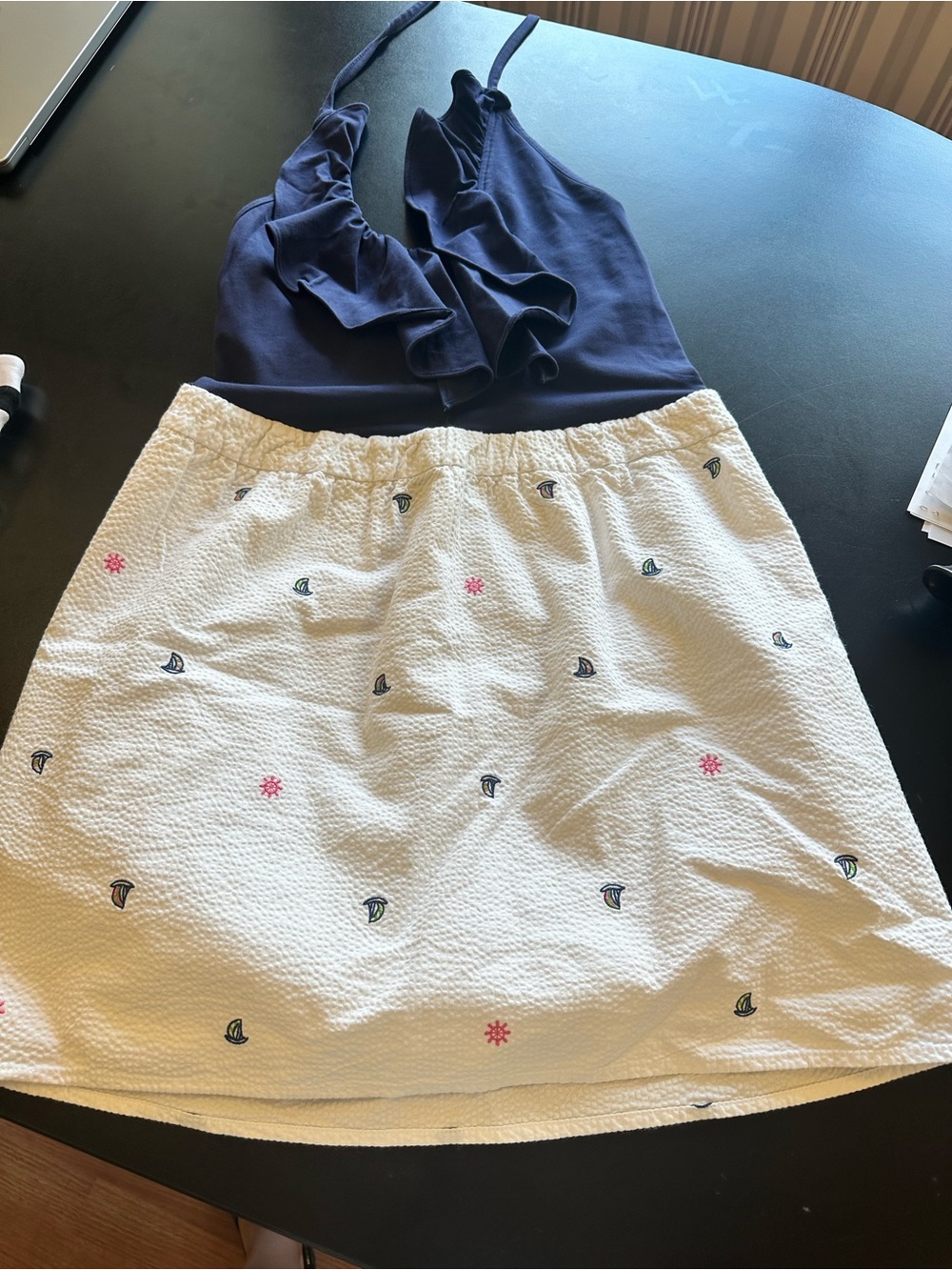 Lilly Pulitzer Navy and White Sailboat Embroidered A-Line Skirt
